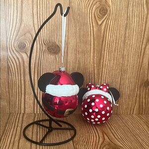 EUC Hallmark Disney Mickey and Minnie Santa Hat Red Glass Ball Ornament Set